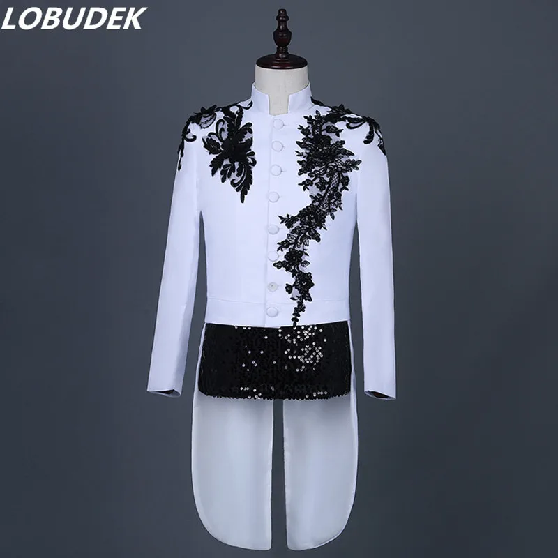 

Plus Size Formal Men Embroidery Swallowtail Stand Collar Chinese Style Slim Tailcoat Singer Chorus Host Costume White/Red/Black