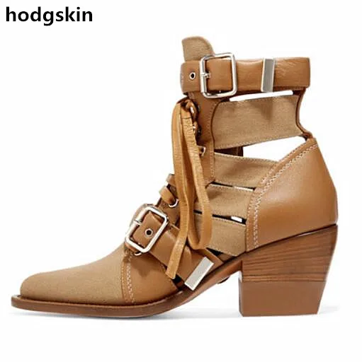 

Spring Fall Chunky Heel Brown Suede Black Leather Cut-outs Buckles Lace Up Ankle Strappy Women Ankle Boots Shoes Woman