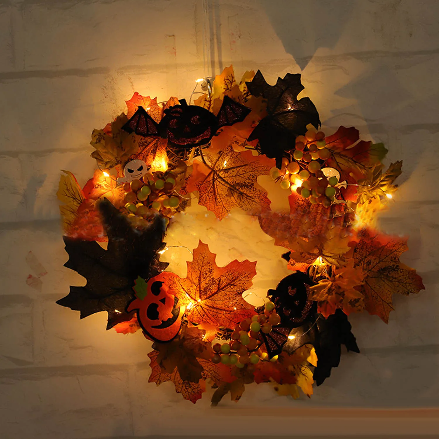 

Behogar Fake Artificial Maple Leaves Pumpkin Wreath Garland w/LED Light for Halloween Party Wall Front Door Window Hanging Decor
