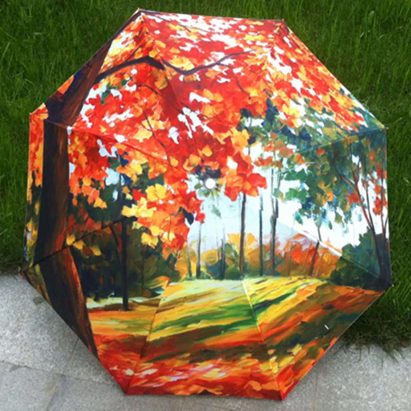 Oil Painting Umbrella Rain Women Portable Three Folding Windproof Anti UV Parasol Umbrellas