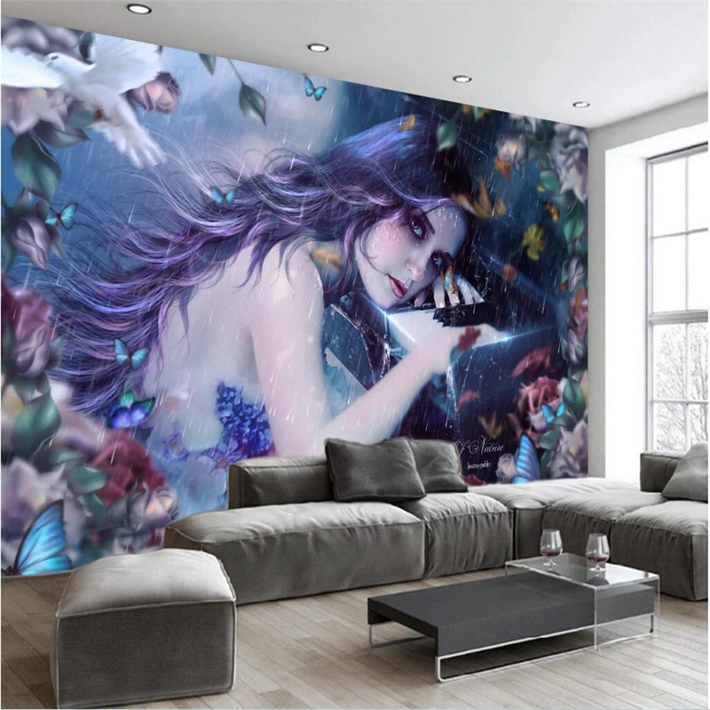 

beibehang Customize any size fresco wallpaper 3D fantasy cartoon long haired beauty playing piano tooling background wall