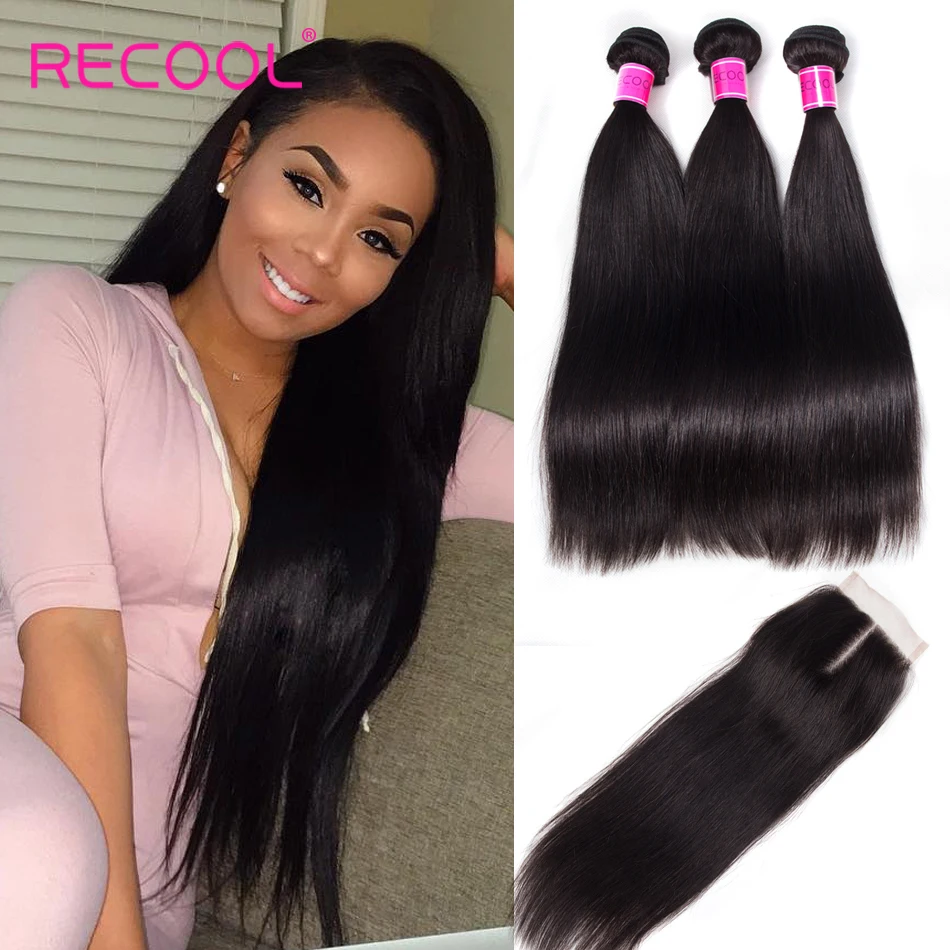 

Recool Straight Hair Bundles With Closure Brazilian Hair Weave 3 Bundles With Closure 8-30 inch Human Hair Bundles With Closure