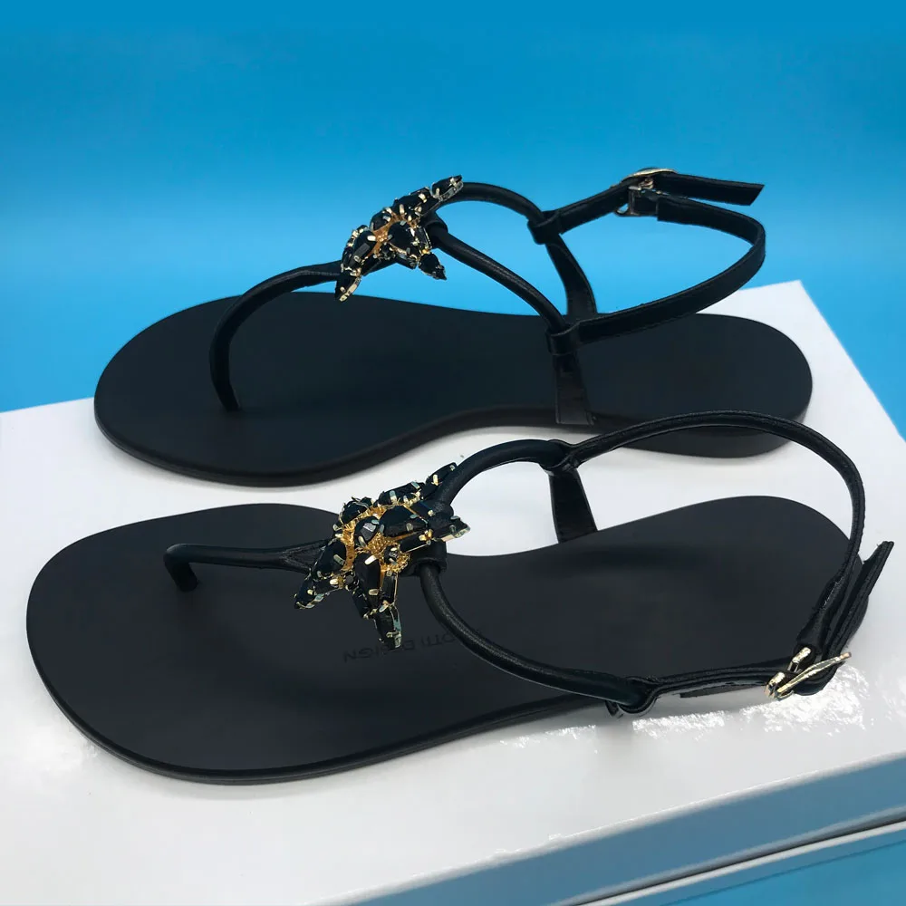 Women Sandals Black Star Rhinestones Design Beach Strappy Sandals G039 Cow Leather Flats