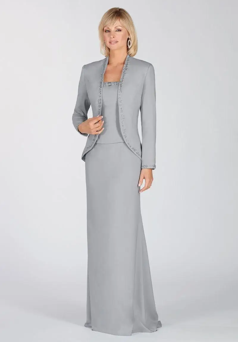 Elegant 2016 Silver Light Grey Chiffon Long Sleeves Mother Bride Dress
