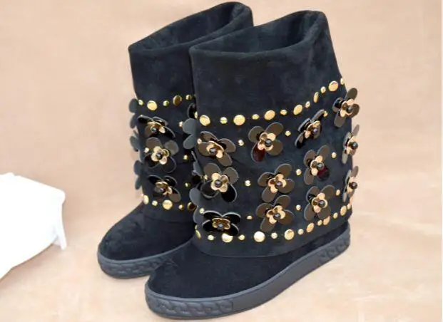 

Winter Genuine Leather Boots Shoes Crystal Chain Wedges Suede Boots Women Height Increasing 80 mm Platform Knee High Boots