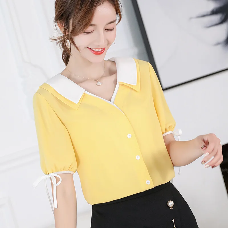 

New 2019 Spring Summer Women Blouse Chiffon Top Slim Lace Shirt Korean Style Fashion Casual Shirts Womens Tops Yellow Blouses