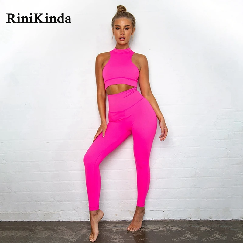 

RINIKINDA New 2019 Women 2 Pieces Set Outfits High Neck Seleveeless Tank Tops And High Waist Long Pants Ladies Solid Sexy Sets