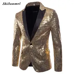 Модные Для мужчин блестящие пиджаки золотые блестки Блестящий костюм куртки мужской ночной клуб одна кнопка костюм Блейзер этап пиджаки