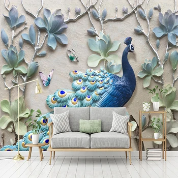 

Custom Photo Wallpaper 3D Stereo Relief Peacock Flowers Murals Living Room TV Sofa Home Decor Wall Papers For Walls 3 D Frescoes