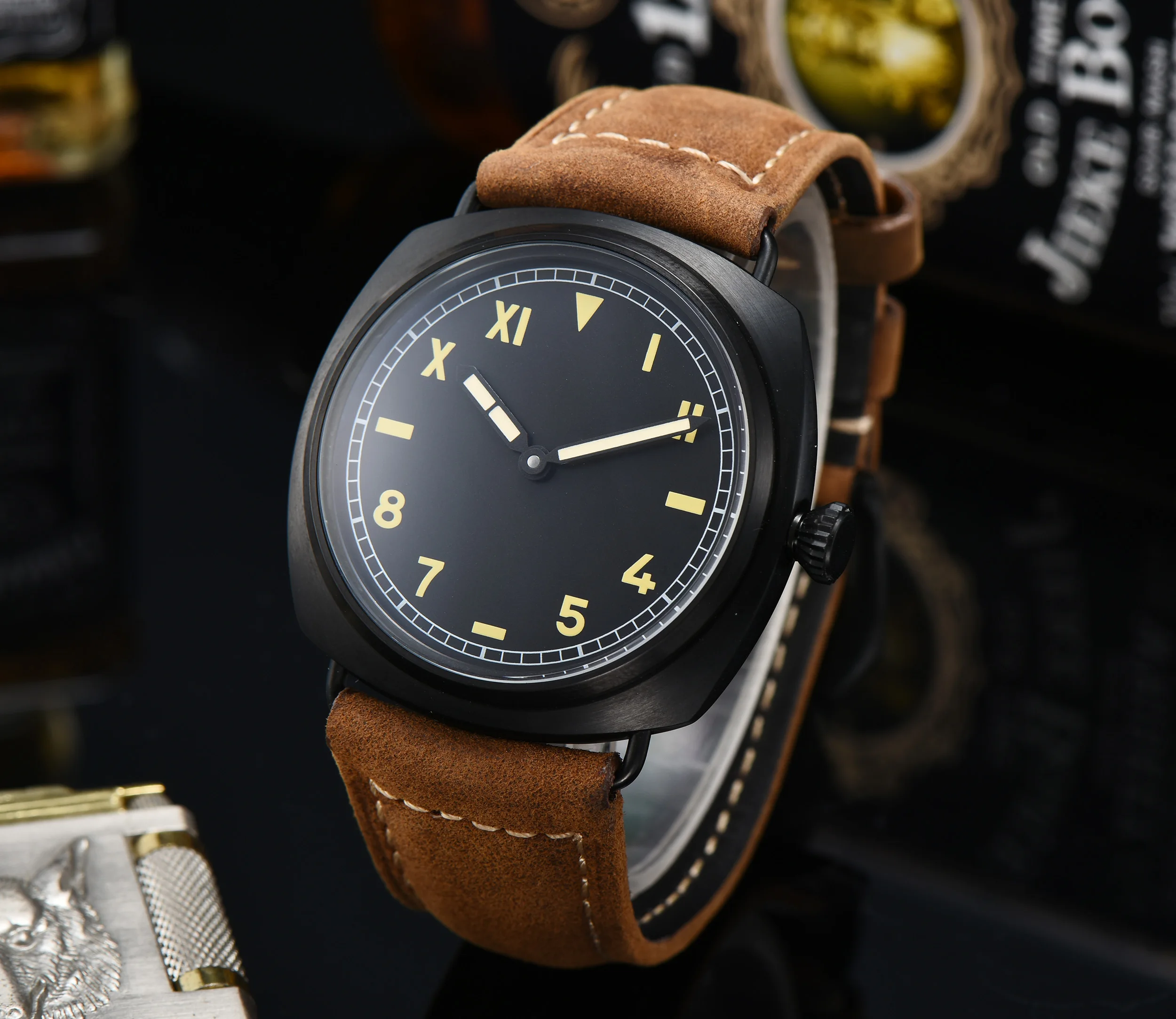 

parnis Watch 47mm manual movement 6497 mechanical winding PVD coated leather strap mineral glass Z58-10