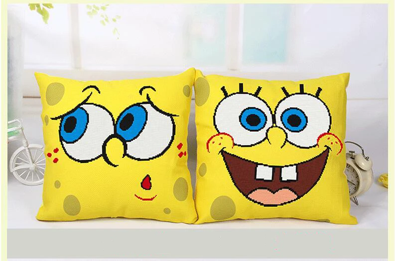 かわいいスポンジボブのクロスステッチスクエアクッションカバー漫画スロー枕カバー針仕事刺繍家の装飾クッション Cushion Cut Citrine Ring Cushion Paintingcushion Rubber Aliexpress