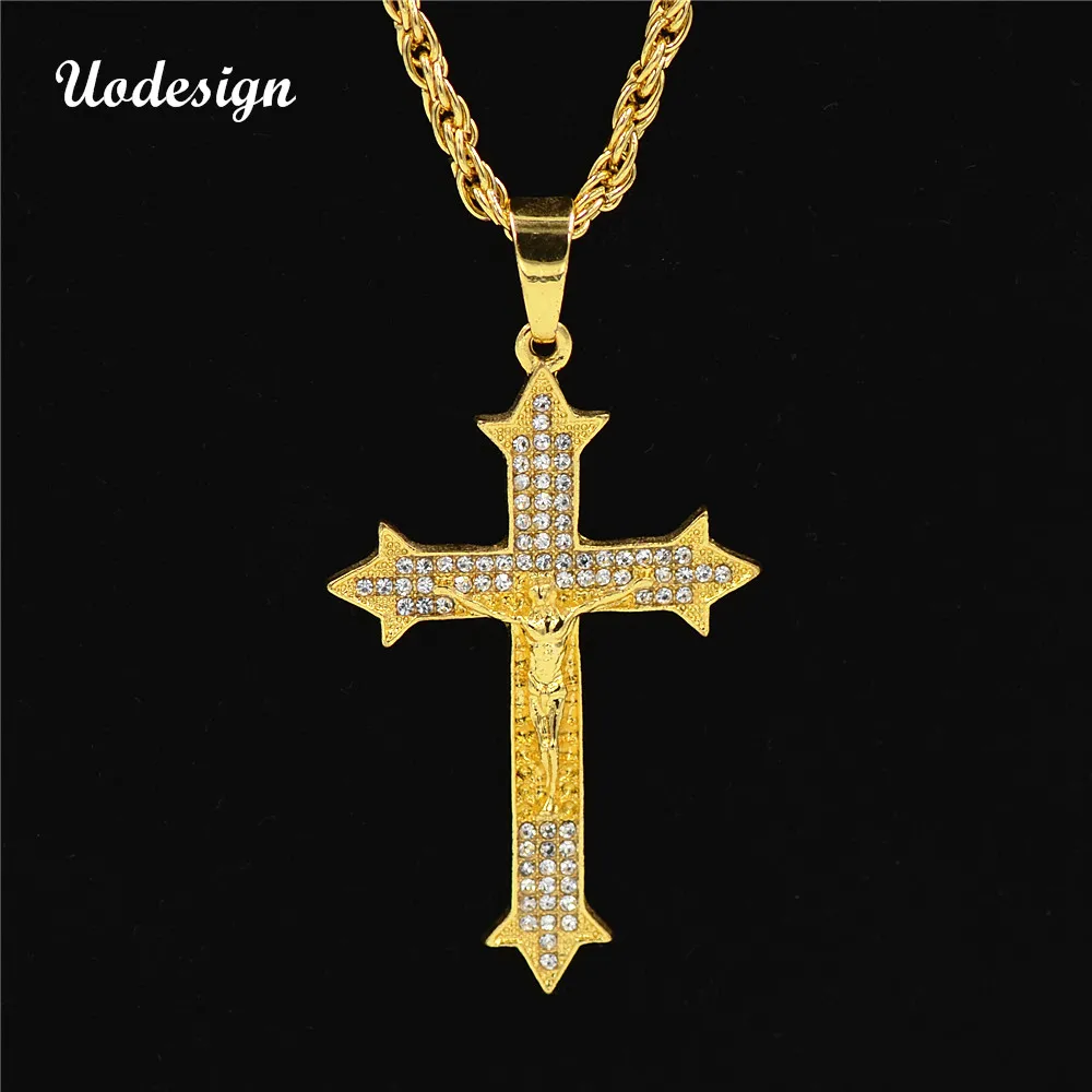 

Uodesign Gold Colour Vintage Jesus Cross Hip Hop Iced Out Rhinestone Cross Pendant Necklace Religious Prayer Necklace Je
