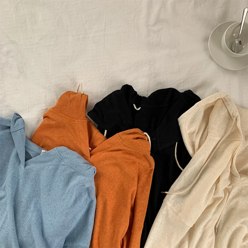 Women's hooded collar long sleeves Casual loose solid long sleeves cotton summer 2019 camiseta mujer New arrive fashion brand Women's hooded collar long sleeves Casual loose solid long sleeves cotton summer 2019 camiseta mujer New arrive fashion brand