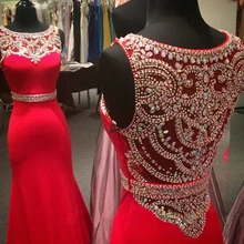 MZ-MSRHS Gorgeous Crystal Red Mermaid Prom Dresses 2017 Real Photo Gorgeous Stone Chiffon Scoop Neck Formal Gowns