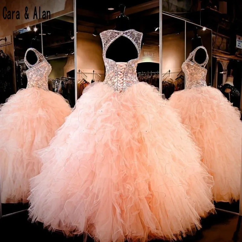 Коралловый vestidos de 15 anos Quinceanera платья Бисероплетение горный хрусталь милое бальное платье 16 платьев на шнуровке свадебное платье без спинки