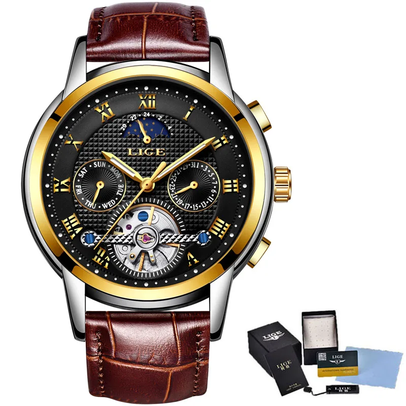 LIGE, мужские часы, Лидирующий бренд, Роскошные автоматические механические часы, мужские, полностью стальные, бизнес, водонепроницаемые, спортивные часы, Relogio Masculino - Цвет: leather gold black