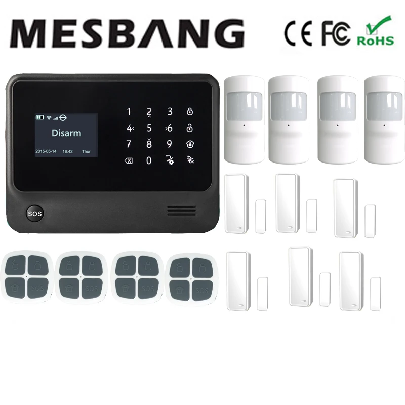 

black wifi GSM GPRS home alarma system 6 door detector 4 pir sensors with English, French,Russian,Spanish,Dutch