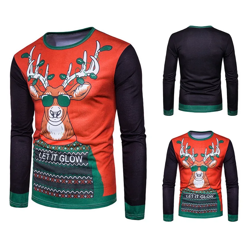 

New Mens Tops Long Sleeves T-Shirts Deer Head Printed O Neck Tshirts 3D Christmas Casual Tee Tops Clearance Sale Summer Shirt