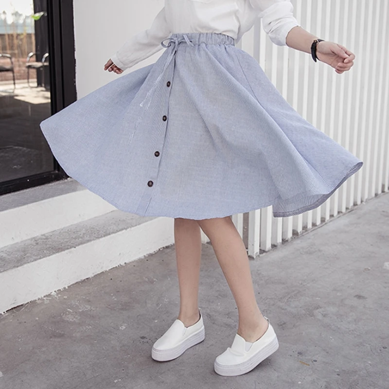 

Women's A-Line High Waisted Button Drawstring Pleated Stripe Elastic Midi Skirt