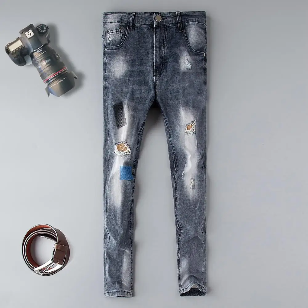

2019 New Fashion Men's Ripped Patches Jeans Slim Fit Embroidered Denim Pants Male Distressed Hip Hop Jean Trousers designer