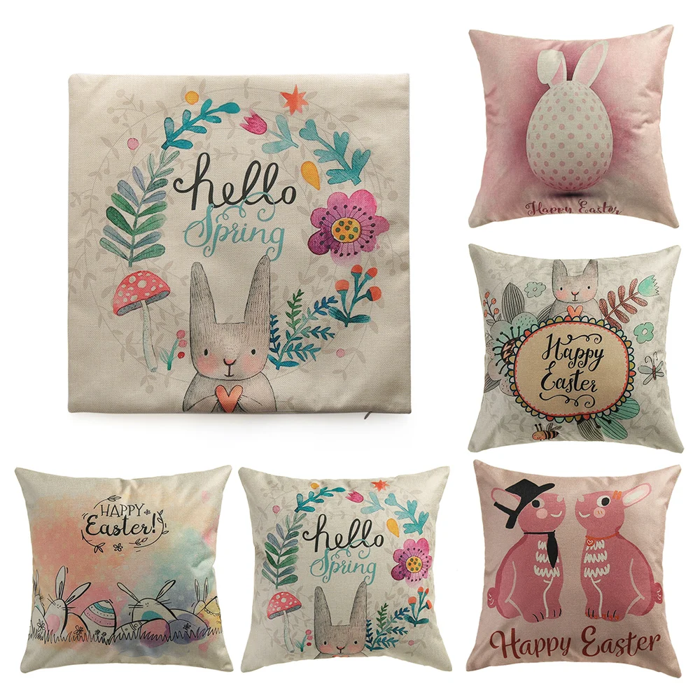 

1pc Flax Bunny Pillowcase 45x45cm Happy Easter Pillow Cover Home Easter Rabbit Eggs Pattern Pillow Cover Wedding Party Supplies