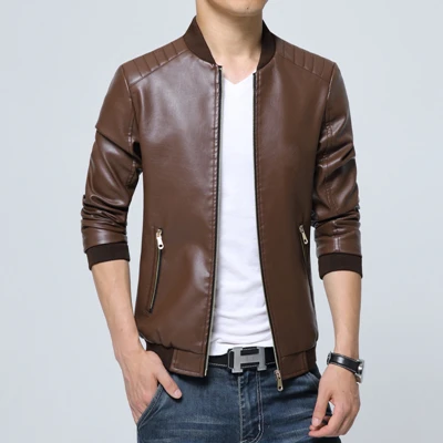 Coffee Мотоциклетная кожаная куртка для мужчин Jaqueta De Couro Solid Slim Fit Мужские кожаные куртки и пальто люксовый бренд jaqueiro Motoqueiro 20 - Цвет: Coffee
