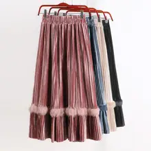 Осенне-зимняя винтажная женская черная меховая Лоскутная велюровая юбка с высокой эластичной талией, женские плиссированные бархатные длинные юбки