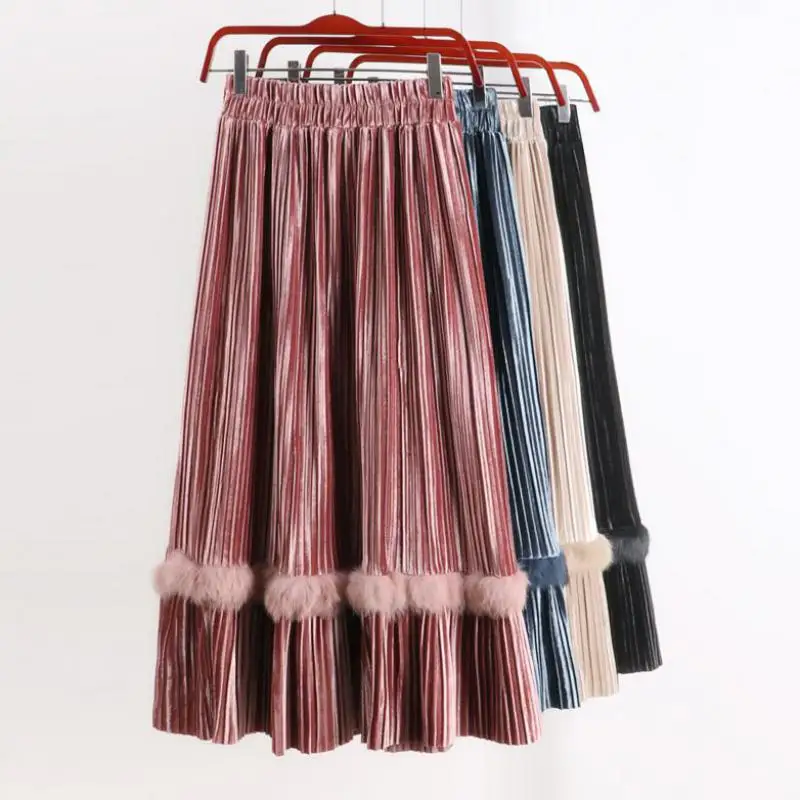 

Fall Winter Vintage Women Lady Black Fur Patchwork High Elastic Waist Velour Skirt , Female Woman Pleated Velvet Long Skirts