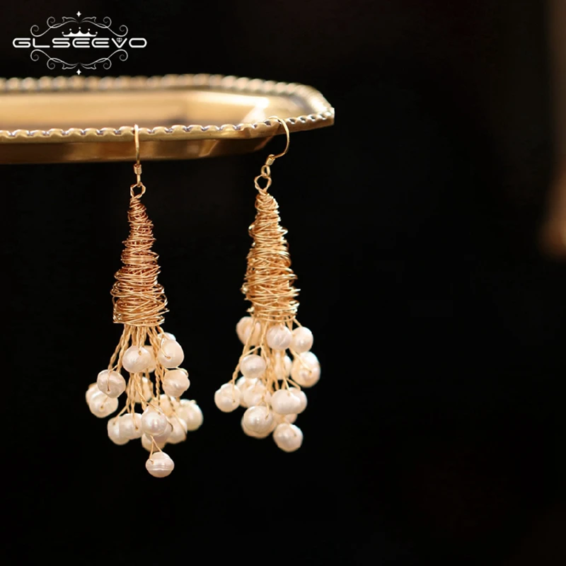 

GLSEEVO Handmade Natural Fresh Water Pearl Drop Earrings For Women Dangle Earrings Fine Jewelry Boucle D'oreille Femme GE0701