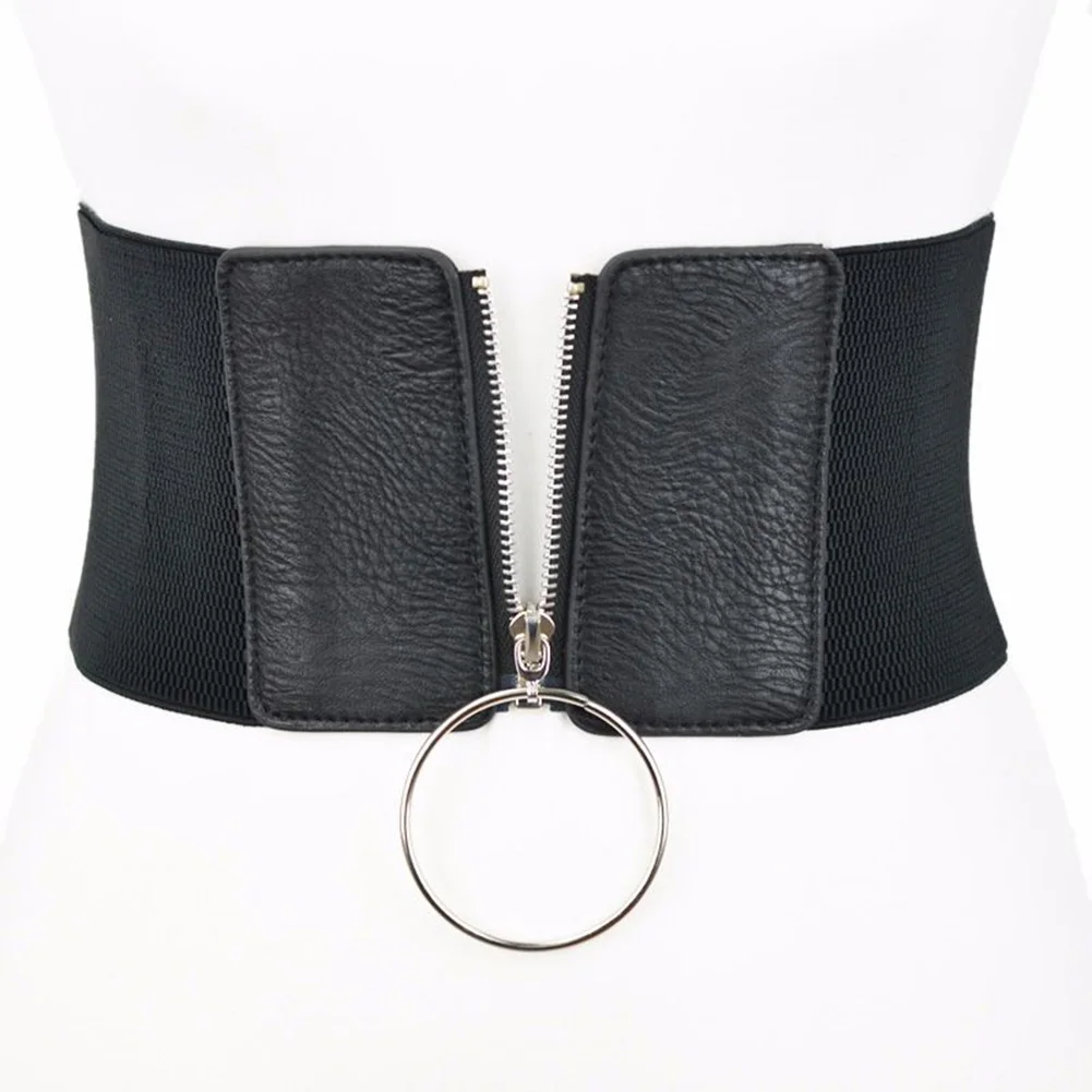 Women Belt Double Tongue Metal Buckle Ultra Wide Black Solid Pattern Cummerbunds