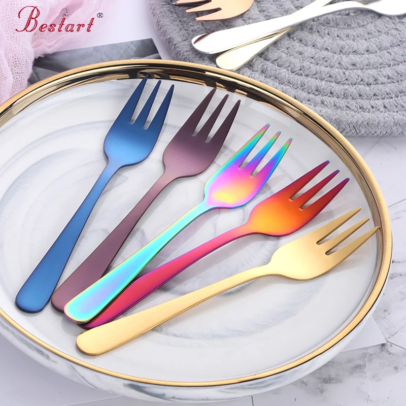 7pcs Colorful 18/8 stainless steel Fruit Fork kitchen Set Cutlery Cake