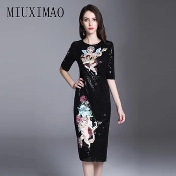 

2018 Spring & Summer Latest Europe Fashion A-Line O-Neck Half Character Print Sequined Casual Elegant Mid-Calf Dress Women