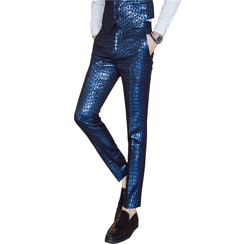

High quality mens vest and pant men Asian size S M L XL XXL XXXL Blue and gold men waistcoat vests + pants Slim fit