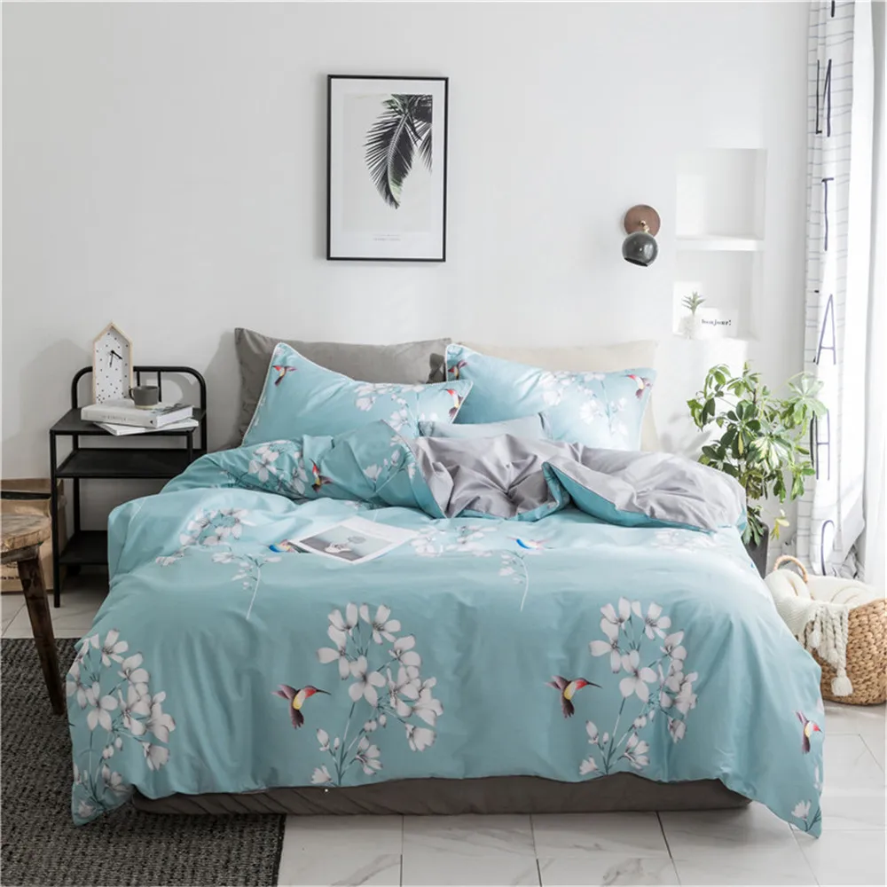 

100% Cotton Blue Color Bedding Sets Print White Floral With Magpie Duvet Cover Twin Queen King Size Cotton White Floral Magpie
