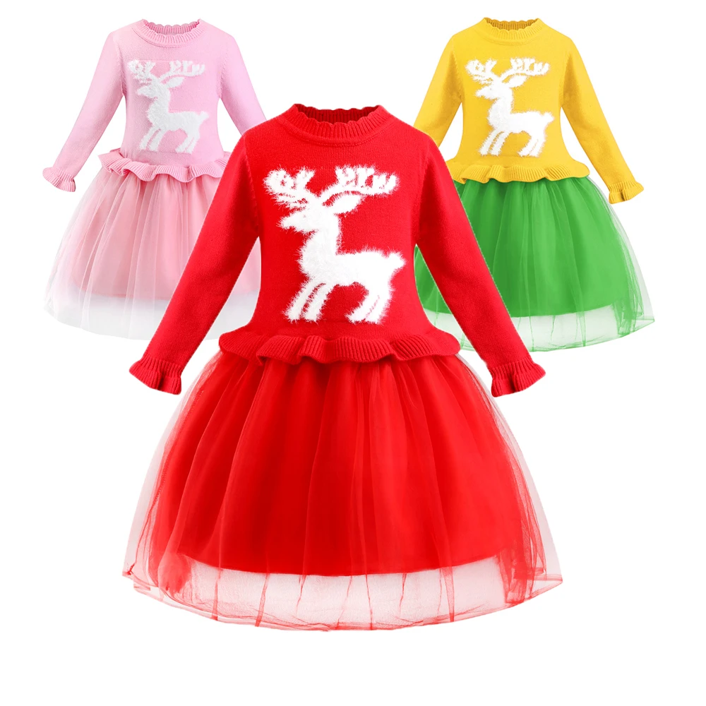 

Christmas Girls Dress Casual Elk embroidery Sweater Autumn Winter Mesh Girl Dresses Christmas Party Princess Dress 2-10 Year Old