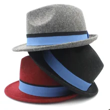 Шерсть Для женщин Для мужчин Трилби Хомбург фетровая шляпа для элегантных леди папа церкви джаз шляпа с голубой лентой Размеры 56-58 см