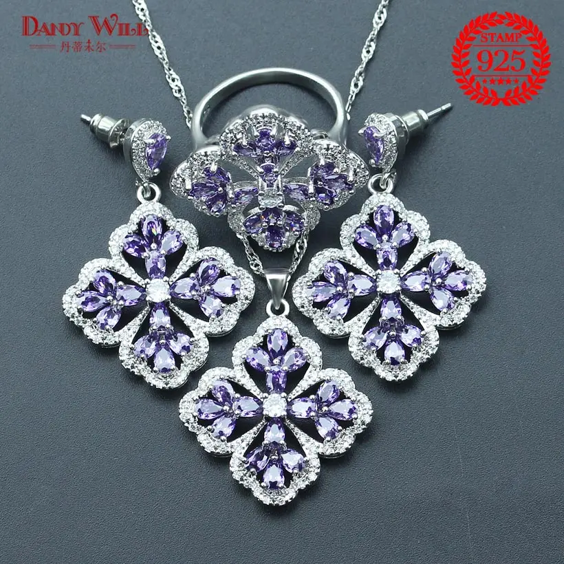 2018 New Flower Purple Zircon Silver 925 Costume Bridal Jewelry Sets Pendant Necklace Rings Earrings Set Jewellery Gift Box | Украшения и