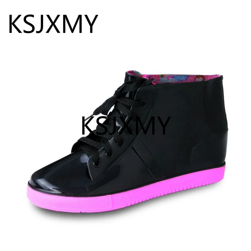 

Fashion women Transparent candy Rain Boots Women Lace ankle boots Waterproof Casual Comfort Ladies Martin Boots Shoes Flat shoes
