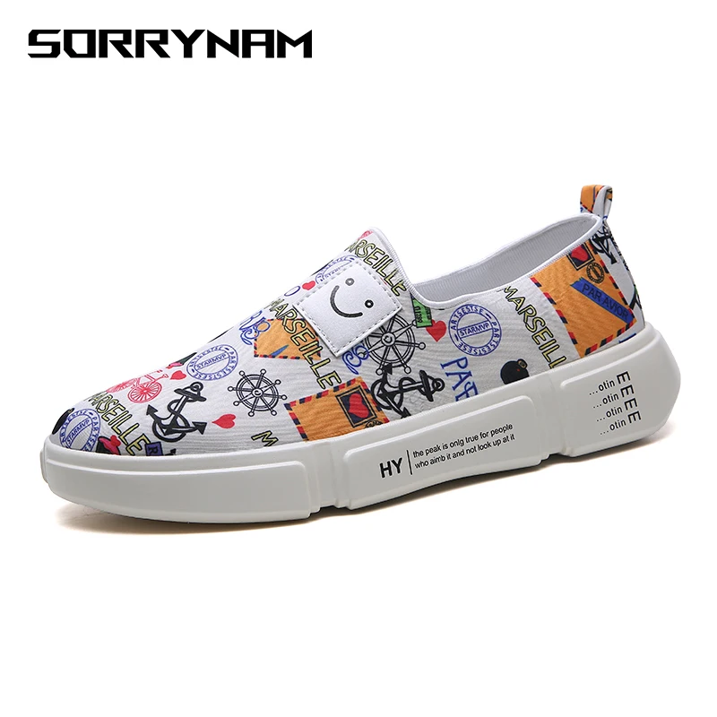 

Casual Men Shoes Slip On Canvas Flats Printing Sneakers for Boys Breathable Comfortable Footwear Walking Driving Shoes Sorrynam