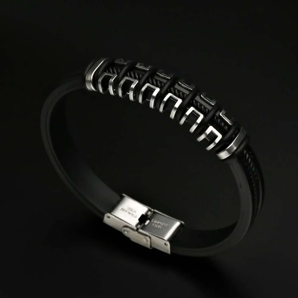 2024 Fashion Jewelry Vintage Black Silicone Cuff Bracelet Charm Jewelry Rubber Stainless Steel Bracelet Men Pulsera Hombre