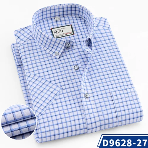 Мужская Стандартная рубашка с коротким рукавом и карманом из Оксфордского хлопка Тонкая Повседневная полосатая/клетчатая рубашка с отложным воротником - Цвет: D9628-27