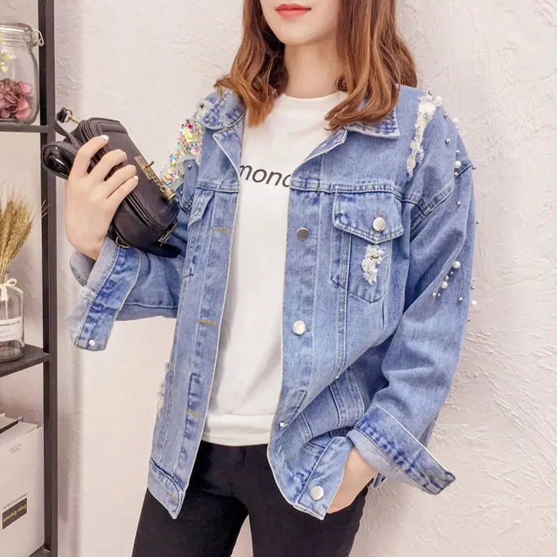 

Vangull Women Holes Denim Jackets Pearls Washed Sequined Regular Jean Coat 2019 Autumn New Female Casual plus size Loose Coat