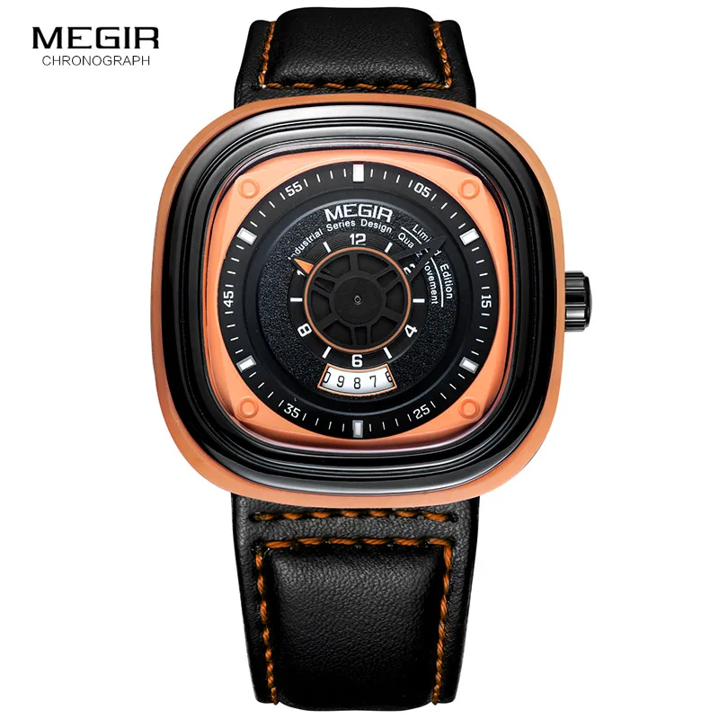 Megir Mens Black Leather Strap Square Dial Quartz Watches Fashion Wristwatch with Calendar Date for Man