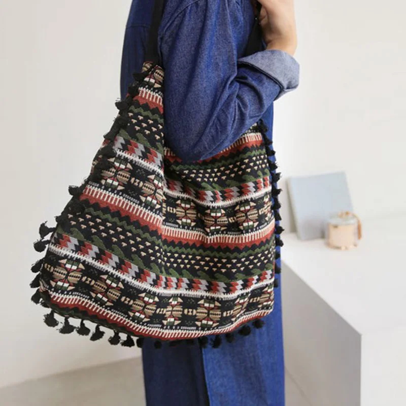 Women Vintage Shoulder Bag Tassel Ethnic Retro Casual Tote Female Folk Boho Shopping Bag Knitting Woven Lady Handbag SS0379 (3)