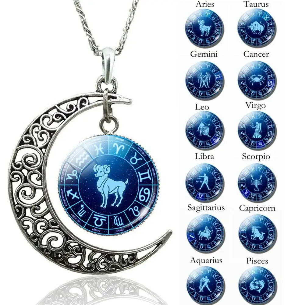 

Fashion Women Men Unisex Romatic Augury Jewelry 12 Constellations Hollow Crescent Moon Faux Gem Necklace