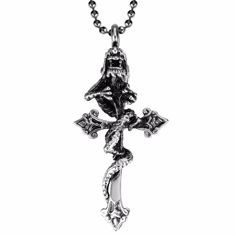 

Men Cross Dragon Pendant Necklaces Anti-Silver Color Stainless Steel Cross Chain Pendant Fashion Men Jewelry