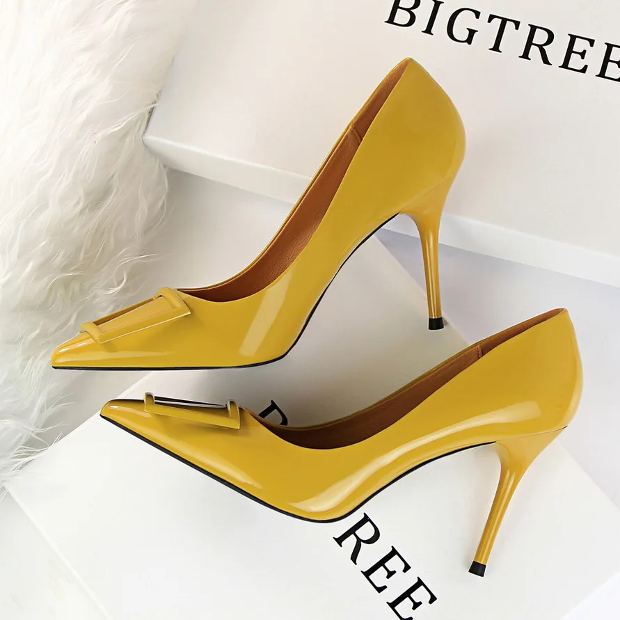 Г., пикантные женские туфли-лодочки на высоком каблуке женские туфли для выпускного вечера на желтом каблуке элегантные офисные женские модельные кожаные туфли