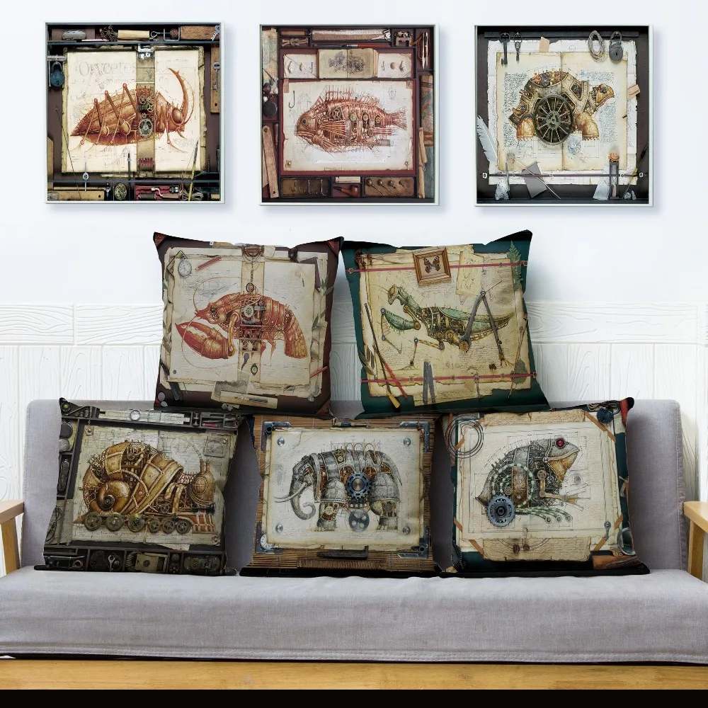 

Steampunk Mechanical Animal Cushion Covers Home Decoration Pillow Case Sofa Dog Cat Pillowcase Linen Pillow Cover 45*45cm