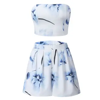 

Womens Summer Beach Boho Off Shoulder Bandeau Crop Tops Mini Shorts Pants Tracksuit Set Clothing Two Piece Set Top And Pants