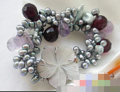 

Hot sell Noble- FREE SHIPPING>>>@@ 0811 3row 8" gray rice pearl drip faceted amethyst bracelet
